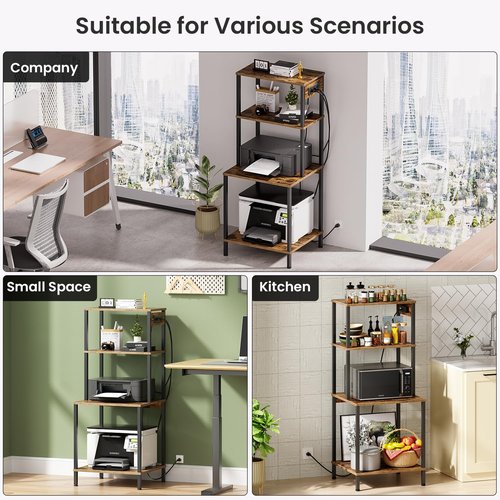 Printer Stand with Charging Station, 49" Tall 4-Tier Printer Stand with Storage, Large Printer Table for Home Office, Kitchen, Living Room, PrinterCart Beside Desk for Printer, Scanner (Rustic Brown)