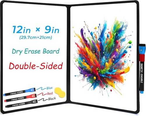 Double-Sided White Board - Ultra-Thin 12x9 Inch Portable Dry Erase Board with 3 Markers | Anti-Ghosting & Magnetic-Ready | Ideal for Office, School, Travel