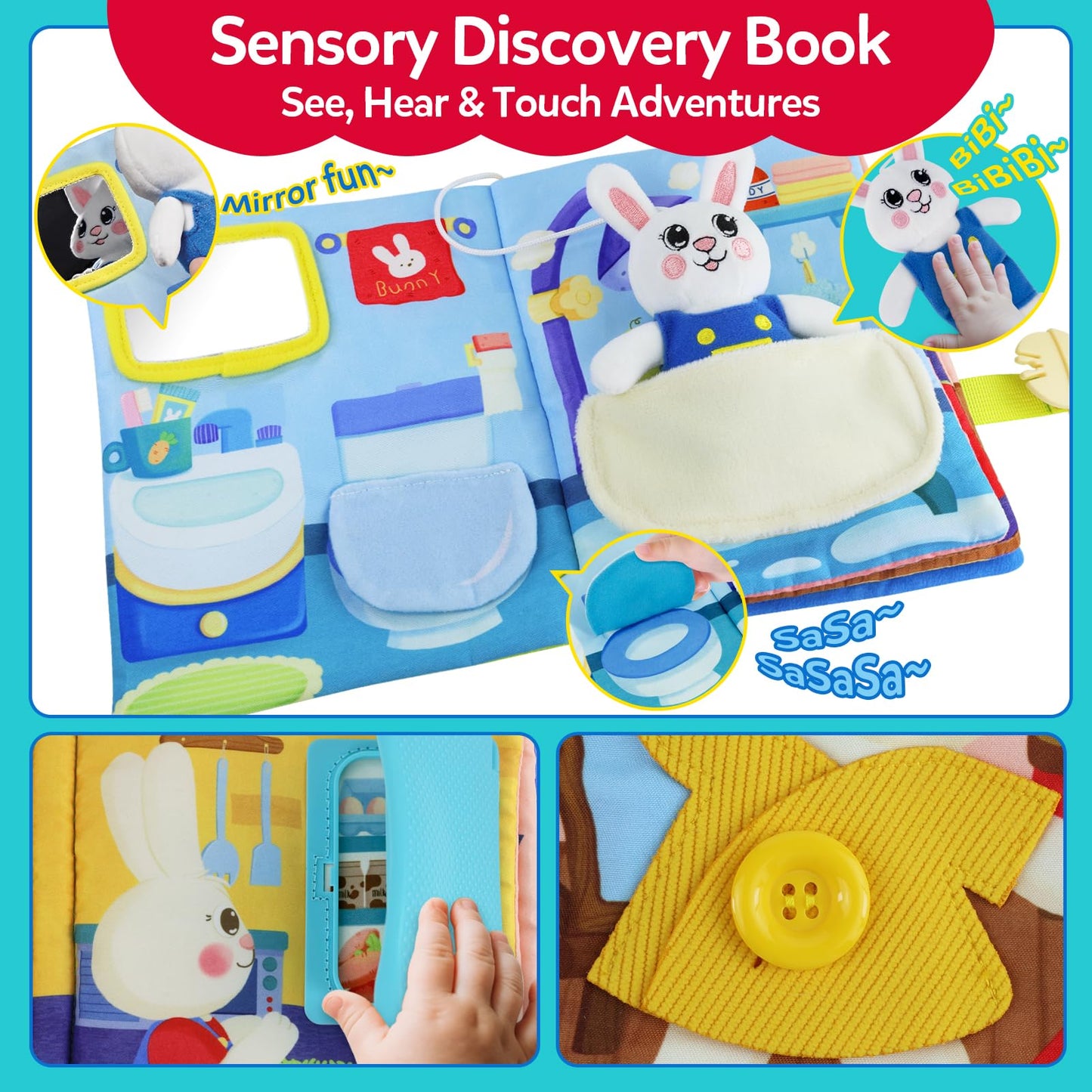 CuteZone Busy Book for Toddlers 1-3, Toddler Travel Toy and Montessori Quiet Book with Attached Bunny, 12 Fine Motor Activities Gifts for 1 Year Old Boys Girls Birthday Gift