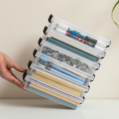 Bienvoun 6Pack Clear Pencil Box Plastic Storage Containers with Latching Lids Stackable Office Supplies Organizer for Gel Pens Erasers Crafts Markers Crayon