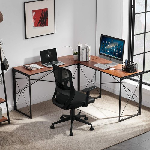 VECELO L Shaped Computer Corner Desk, 59’’x59’’ Large Industrial Home Office Workstation, Multi-Usage Long 2 Person Table, Easy Assembly/Saving Space, Brown Wooden Grain
