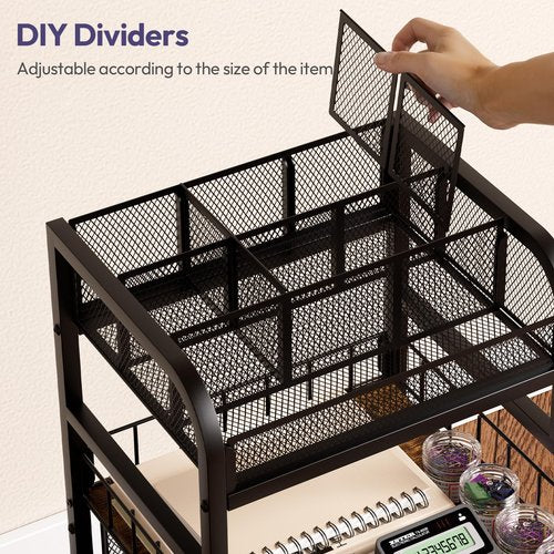 SWTYMIKI Rolling Cart with Drawers - Metal Utility Cart with Wood Shelf, DIY Divider and Locking Wheels, Craft & Art Cart Organizer for Under Desk Storage for Home Office Studio, Black