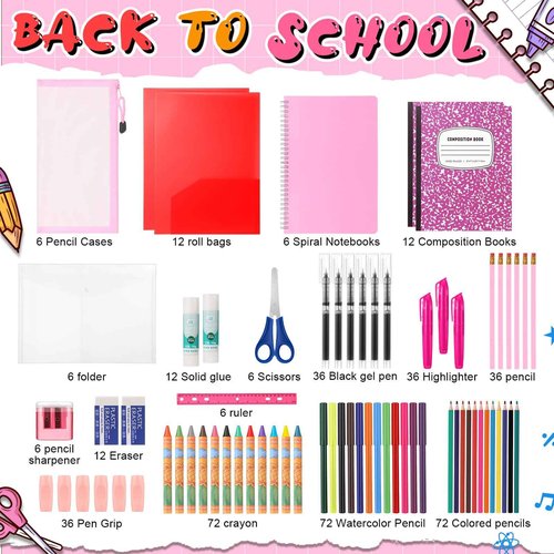 Gilprop 6 Sets Back to School Supplies 72 Pcs Per Set Elementary Middle High School Supplies Bundle Kit Stationery Gift for Kindergarten K-8 Kid Student Girl Boy Classroom(Pink)