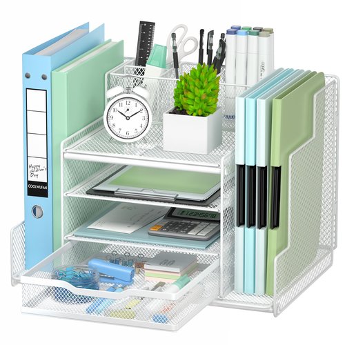 VIVSOL Desk Organizers and Accessories, 4-Tier Office Supplies Desk Organizer with 2-File Organizer with Sliding Drawer, 3 Trays and Large Capacity Pen Holder, Mesh Desk Accessories, White