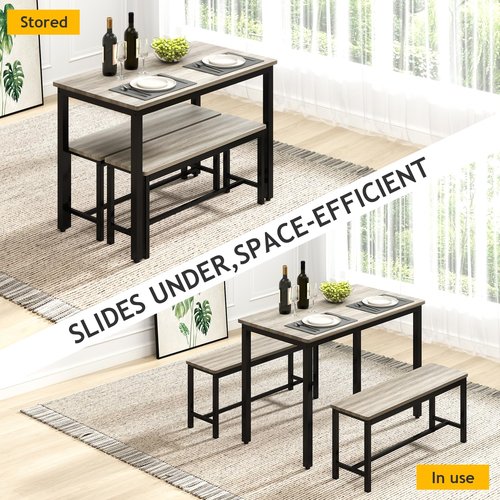 Rovibek Dining Table Set for 4 with 2 Benches – Space-Saving Kitchen Table Set for Kitchen & Dining Room, Grey