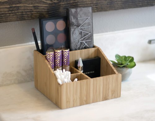 MobileVision Multi-Use Bamboo Office Product Organizer Compact for Desktop, Holds Notepads, Pens, Pencils, Business Cards, Paper Clips, Stationery Supplies & more