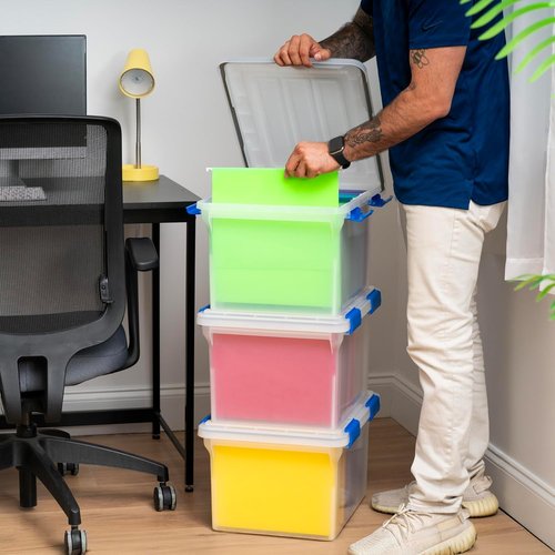 IRIS USA File Box - WeatherPro Document Organizer | Water Resistant, Stackable, Clear/Blue - 32 Qt, 3 Pack