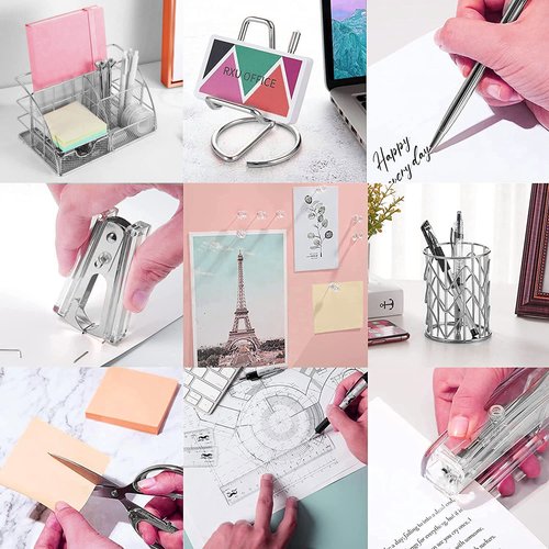 JUOPIEA Desk Organizers and Accessories Office Supplies 12PS Set with Acrylic Stapler, Staple Remover, Pen Holder, Clips, Scissor, Phone Holder, 1 Pen Ect