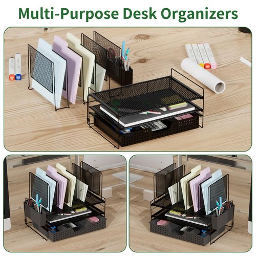 LEKETREE Desk Organizer, Office Organization with Vertical File Holder, File Organizer with Drawer and Pen Holder, Desk Accessories and Workspace Organizers for Home Office (Black)