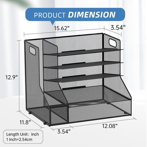 SUPEASY Desk Organizer with File Holder, 5-Tier Mesh Paper Letter Tray Organizer, Desktop Organizer and Storage with 3 Slot Document File Sorter for Office Supplies, Black