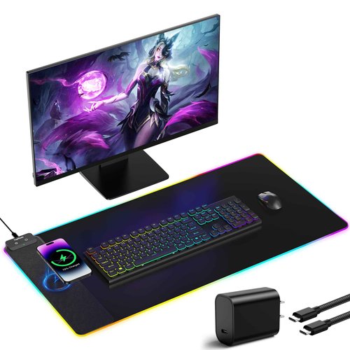 TopMade Mouse Pad with Wireless Charging, 31.5" x 15.75" Large Desk Mat RGB Gaming Mousepad, LED Desk Pad Keyboard Pad, Waterproof Desk Pad (Includes 20W PD Power Adapter & 6.56ft Woven Cable)
