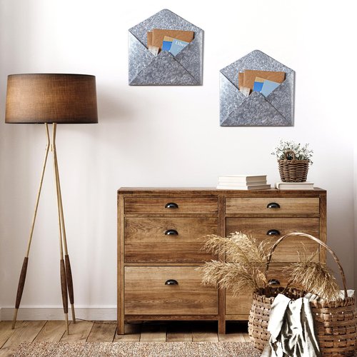 Yaocom 2 Pcs Galvanized Metal Envelope, Wall Mount Galvanized Mail Organizer Rustic Wall Holder Farmhouse Pocket for Storage Mail Postcards Letters Bills Home and Office Decor