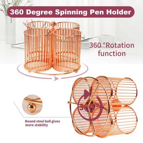 PNEUICALLY 360 Rotating Pen Holder, Large Pencil and Marker Organizer with 4 Slots, Desk Caddy Accessory (Rose Gold)