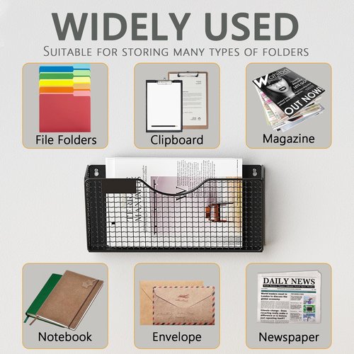 MFTEK Magnetic File Holder, 2 Pockets Magnetic File Folder Holder No Drilling Magnet Paper Mail Organizer Magazine Basket, Hanging Wall Storage Rack for Fridge Cabinets Office Classroom