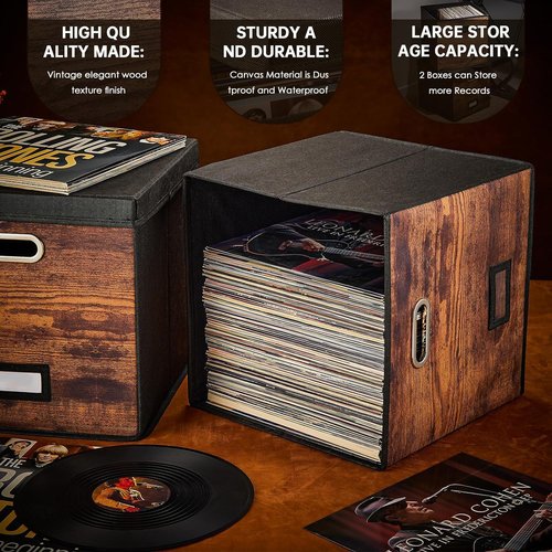 LiebeRen Vinyl Storage Set, Stackable Record Crate Holds 100 LPs. (Retro)