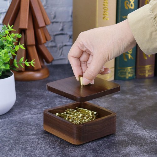 MultiBey Walnut Paper Clip Holder with Lid, Wooden Paperclip Holder for Desk Organizer, Square Paper Clip Dispenser-Holds Binder Clips, PaperClips & 3x3 Sticky Notes for Office, Home, School