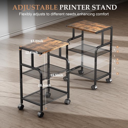 Alexayhome Printer Stand with Storage, Printer Cart with Wheels, Printer Table for Home Office, 3 Tier Cart with Adjustable Shelf, Supports Up to 80 Lbs for Home Office, Kitchen, Living Room
