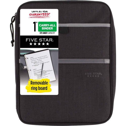 Five Star Zipper Binder, 1 Inch 3-Ring Binder with Round Rings, Carry-All with Pockets and 4-Tab Dividers, 375 Sheet Capacity, Black/Gray (29092IT8)