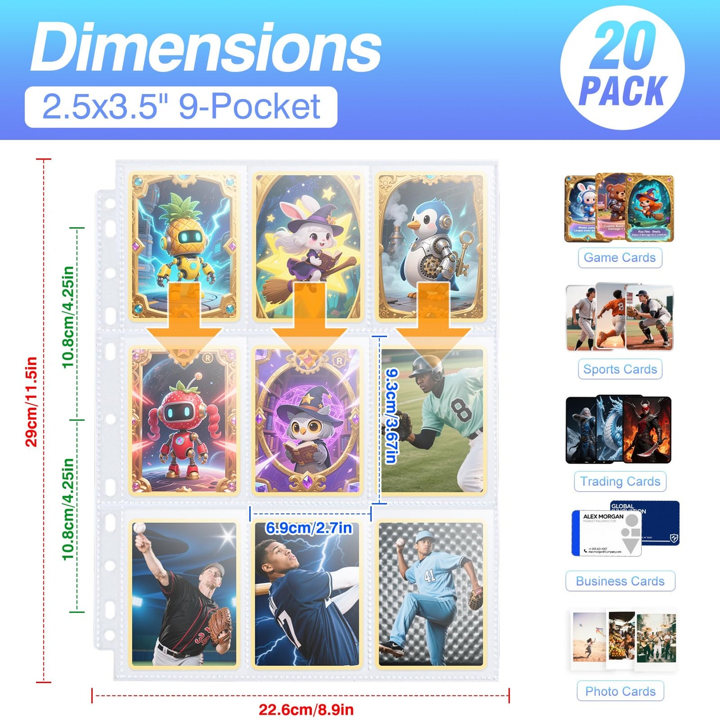 360 Pockets Binder Card Sleeves Double-Sided 9 Pocket Trading Card Pages for 3 Ring Binder, Clear Plastic Pages Sleeves for Sport Cards, Business Cards, Game Cards, Photos (20 Pack)