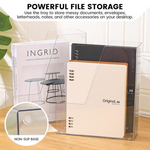 CiWiVOKi Vertical File Holder, Clear PET Desk Organizer and Storage Bins Holding for Magazines, Binders, Notebooks, Envelopes, Multi-purpose Plastic Document Organizer for Home Office, 4 pack