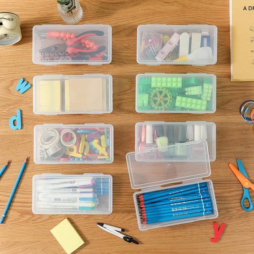 Swuj Clear Plastic Pencil Case Box 8 Pack, Stackable Craft Storage Organizer for Pens Markers Art Supplies, School Office Hobby Container with Snap Lid (Rectangular Large - 8 Pack)