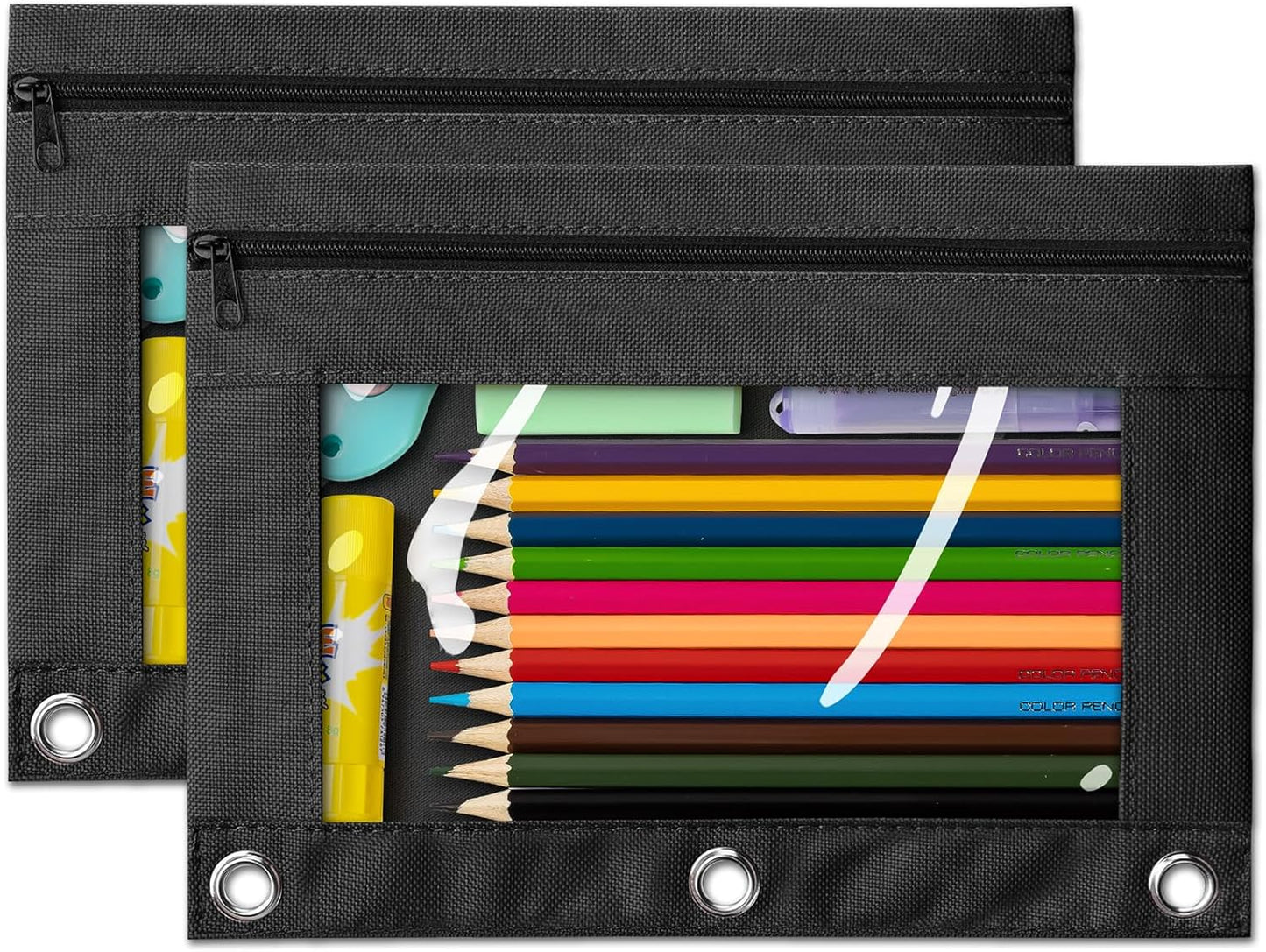 V-Opitos Pencil Pouch - Durable 3-Hole Zipper Case with Clear Window | 2-Pack for School & Office Supplies