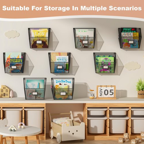 Yuzehuaza Mesh Wall File Holder, Hanging File Organizer, Mail Organizer Wall Mounted, 4 Packs Hanging Magazine Holder with Pencil Case for Classroom Office(BLACK)