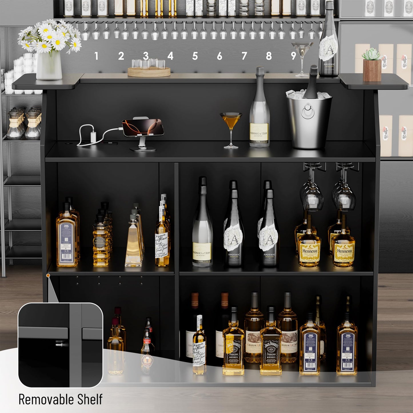 Home Bar Cabinet with Mini Fridge Space, Liquor Bar Cabinet for Home with Storage Shelves, Wine Glasses Holder, Power Outlet, Mini Fridge Cabinet with Storage, Wine Bar Cabinet for Living Room