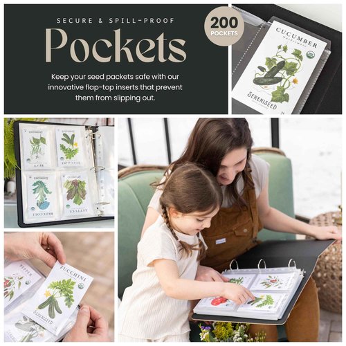 Seed Storage Binder – Seed Packet Organizer w/50 Sheet Protectors & Protective Flap-Top Inserts Stores 200 Envelopes Binder w/5 Dividers for Sorting Seeds & Gardening Supplies