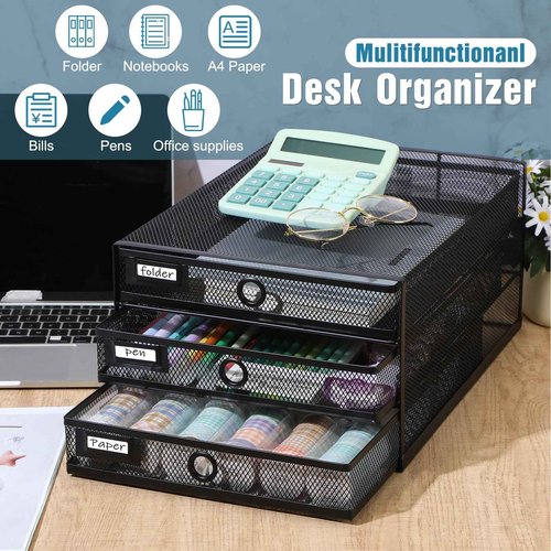 Zhanmai 1 Pack Desk Organizer with Drawer Total 3 Tiers, Wire Mesh Organizers Tray Multifunctional Paper Sorter File Stand for Home Office Supplies Storage Letter A4 Paper Office Accessories (Black)