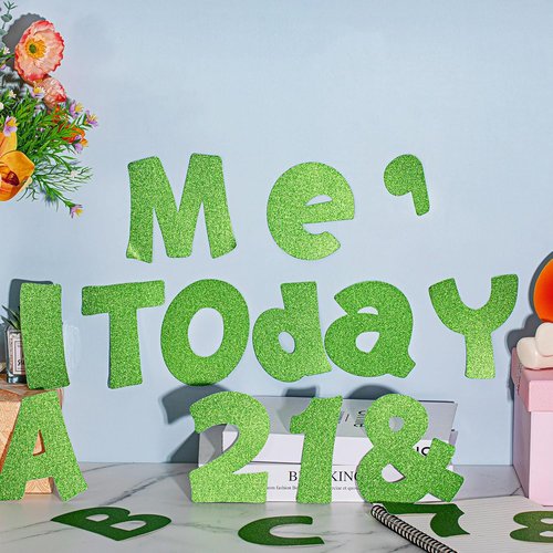 Colarr Glitter Bulletin Board Letters - 216 Pcs Die-Cut Alphabet & Symbols | 4'' Lime Green Decor