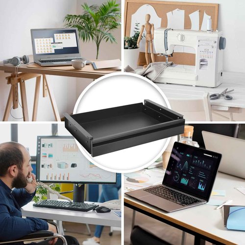 POPMOON Under Desk Drawer For Desk 13.8 * 8.8 * 3.5 in, Pull out Storage Organizer with Slide Extension Mounted Under Flat Wooden Table or Workbench, Carbon Steel Hidden Desk Drawer