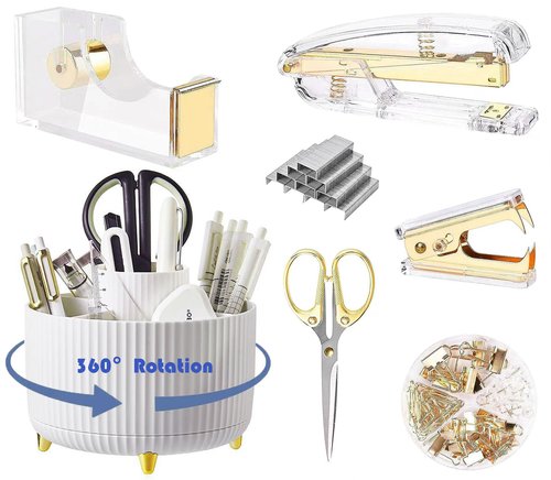 Gold Desk Organizers and Accessories 7Pcs Set with 360-Degree Rotating Pen Holder, Acrylic Stapler, Tape Holder, Staple Remover, Binder/Paper Clips Kit, Scissor and 1 Box of Staples (Gold)