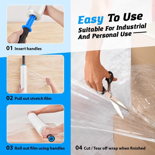 4 Rolls x 15" x 900 FT x Clear Heavy Duty Stretch Wrap Shrink Film for Shipping Packaging Moving Packing Trucking Logistics - Thicker Extra Durable Film - Wrap Holder Included