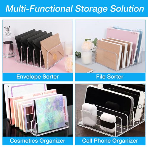Acrylic Mail Organizer File Holder for Desk 2 PCS, 5 Compartments Clear Desktop Vertical Letter Sorter for Envelopes, Bill, Document, Notebook,Countertop Folder for Office, Home & School