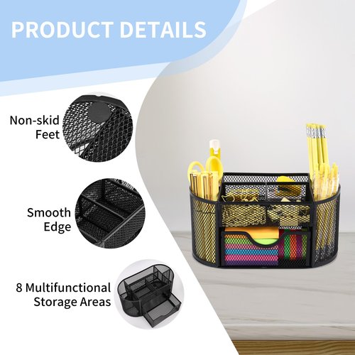 Oop-free Pencil Holder for Desk with Drawer, Desktop Organizer, Mesh Desktop Accessory Office Supplies Multi-functional Caddy with 8 Compartments for Office/School/Classroom