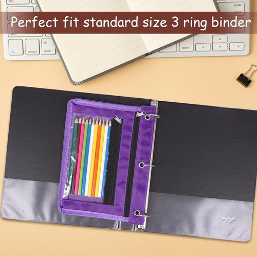 YoeeJob 24 Pack Pencil Pouch for 3 Ring Binder, Expandable Binder Pouches with Zipper, Large Capacity Pen Holder Case with Clear Window School Class Office Organizers, Purple