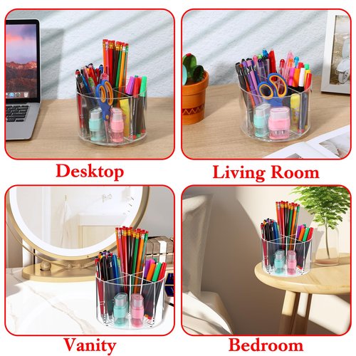 2 Pcs Small Pencil Organizer for Desk Acrylic 4 Compartments, Tiny Rotating Art Supply Organizer Kids, Round Marker Organing Clear Desktop Organing Caddy Swivel Office Pen Pencil Holder