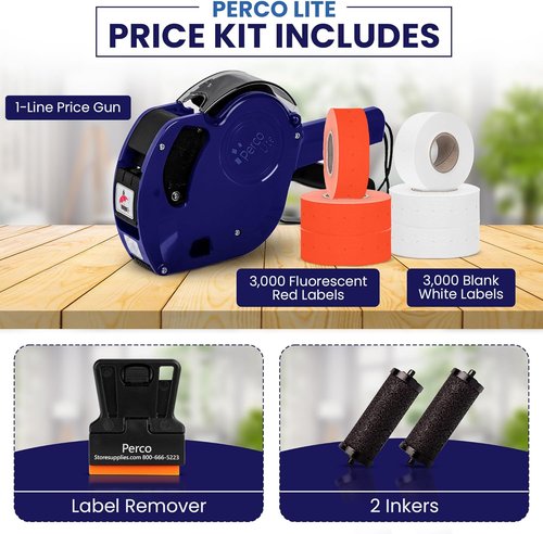 Perco Lite Price Gun Kit - 1 Line Label Maker with 6 Rolls & 2 Ink Rollers - Pre-Loaded for Easy Use