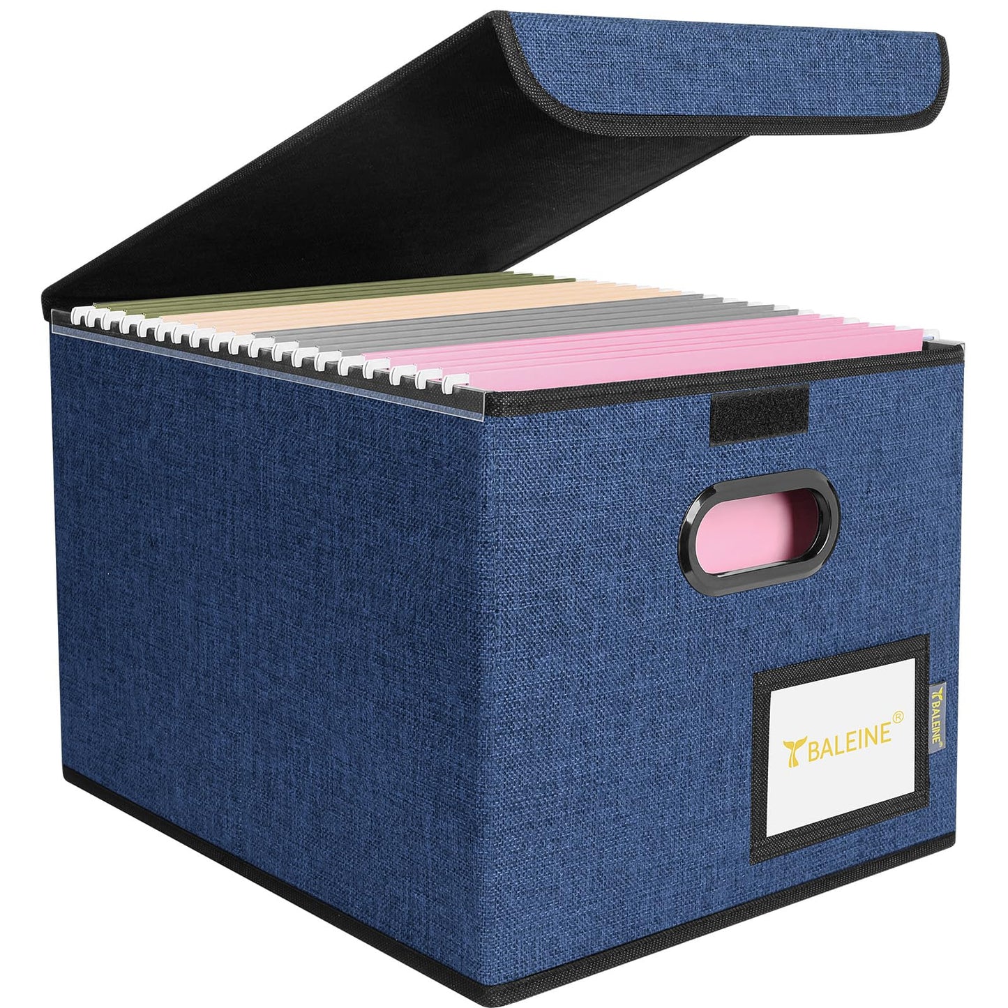 BALEINE File Organizer Box with Lid, Collapsible File Folder Organizer with Plastic Slide, Hanging File Folder Box for Office Document Storage (1 Pack, Blue)