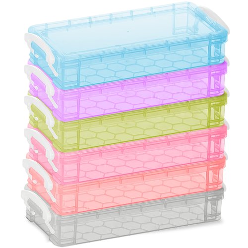 Enday Pencil Case, Plastic Stackable Assorted Color Box, Large Capacity School & Office Supplies Pencil Utility Box Storage Organizer in Green, Blue, Grey, Pink, Red, Purple, Multicolor 6 PK
