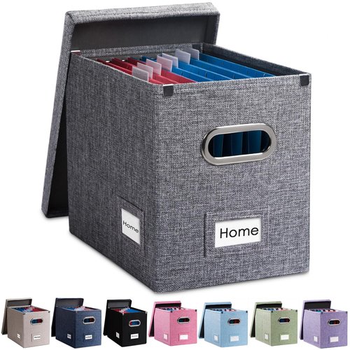 PRANDOM File Organizer Box - Set of 1 Collapsible Decorative Linen Filing Storage Hanging File Folders with Lids Office Cabinet Letter Size Grey (14x9.3x10.8 inch)