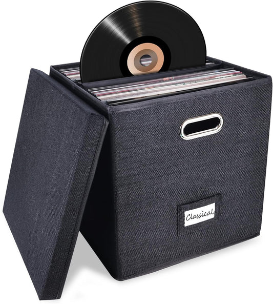 Skiennix Vinyl Record Storage Box - Holds 50+ LPs, Decorative Organizer with Lid | Black