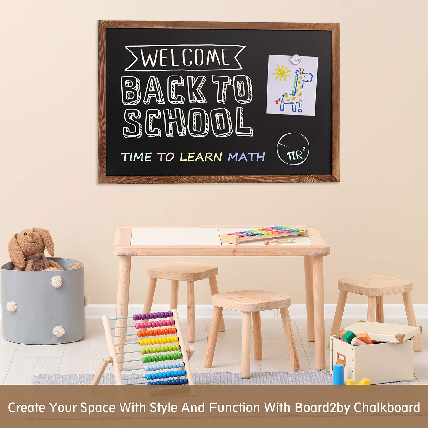 Board2by Magnetic Chalkboard Black Board 48 x 36, Extra Large Chalk Board Blackboard for Wall Decor, Easy-to-Erase Wood Framed Magnet Board, 4 Magnets for School, Home & Office (Rustic Brown)