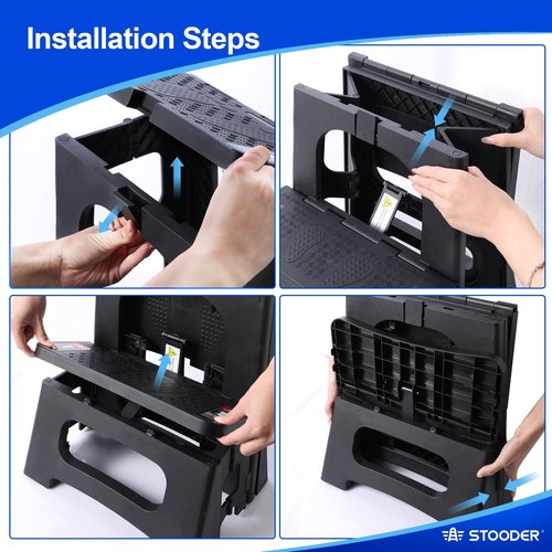 STOODER Folding 2-Step Stool - Upgraded Stable A-Frame, Safety Lock, Anti-Slip Rubber Feet, 300lb Capacity, No Assembly - 8" 17" Step Stools for Kitchen, Bathroom, Bed, RV, Home, Office (Black)
