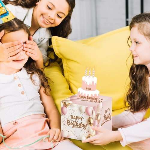 Simple Pink Birthday Money Box for Cash Pull, Happy Birthday Boxes Gifts for Money Pull Out Card, 50Pcs Transparent Bags