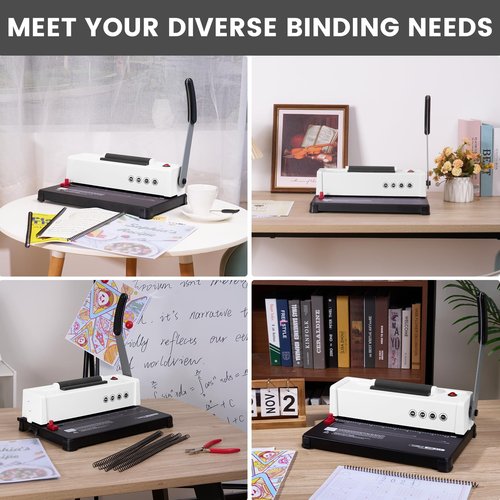 Epoium Spiral Coil Binding Machine, Homeschool 46-Hole Puncher Spiral Binder with Electric Coil Inserter, Professional & Customizable Binding for Office Business School Home Binding, White