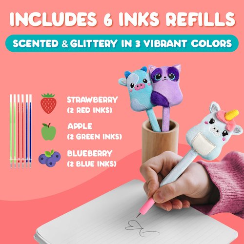 BUNMO Cute Pens - Cute Fun Pens w/Soft Grip & 6 Refills - Gifts for Tweens - Fun Writing for Kids - Gift for Teens - Squishies for Kids - Plush 3 Pack