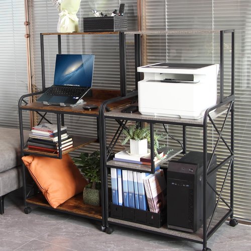 FLYZC Printer Stand, Large Printer Stand with Storage, 23 x 18 Inch Printer Table for Home Office, 4 Tier Home Printer Cart with Wheels & Socket, Computer Tower Stand, Vintage Brown