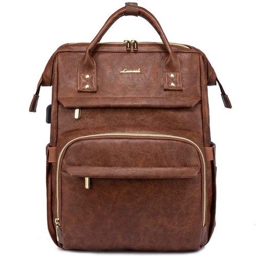 LOVEVOOK Leather Laptop Backpack for Women 17 inch, Travel Backpack Purse, Professional College Business Work Bag with USB Port, Red Brown
